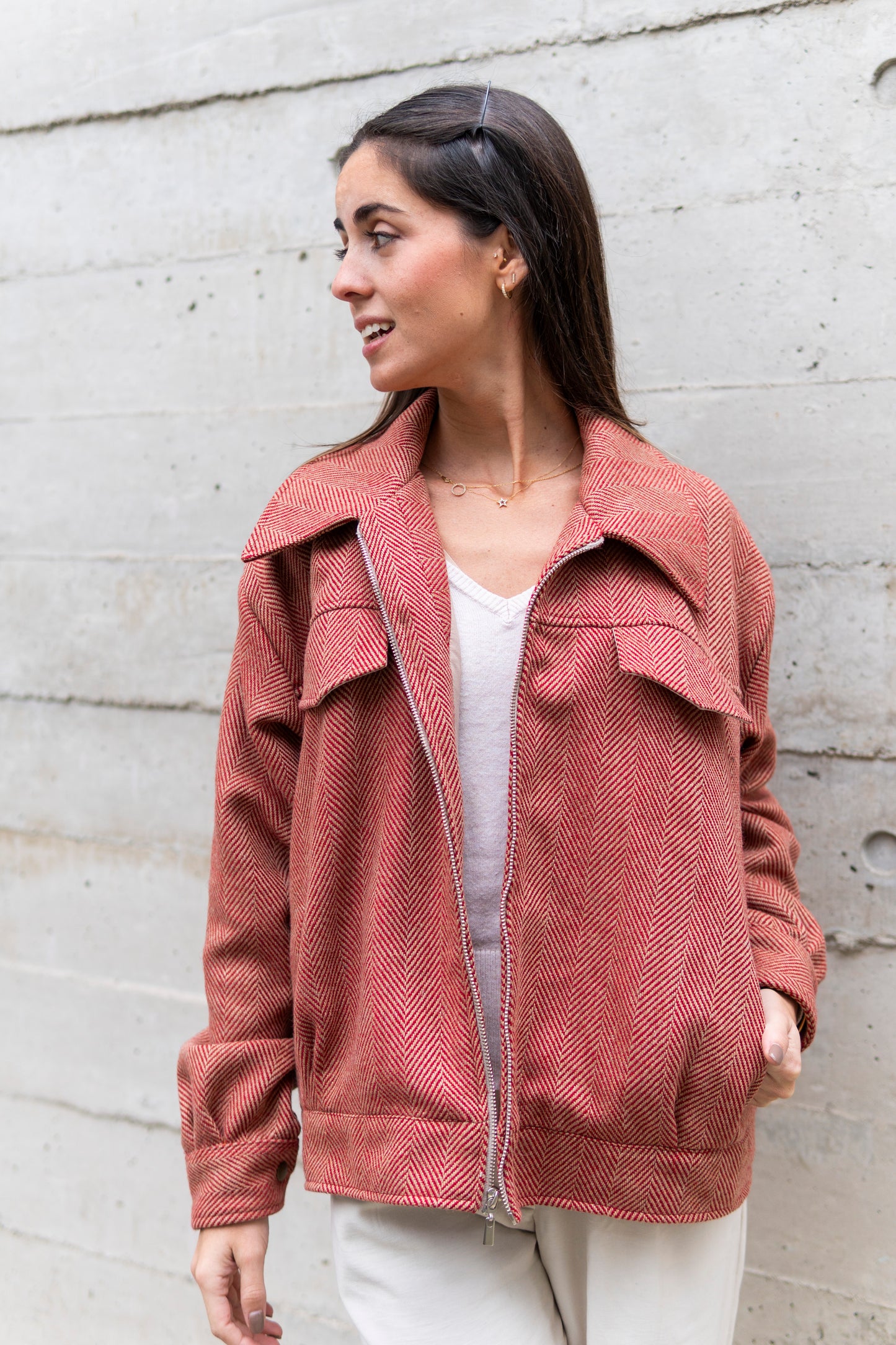 Casaca Lola Salmón | Casaca Bomber Lanilla & Seda