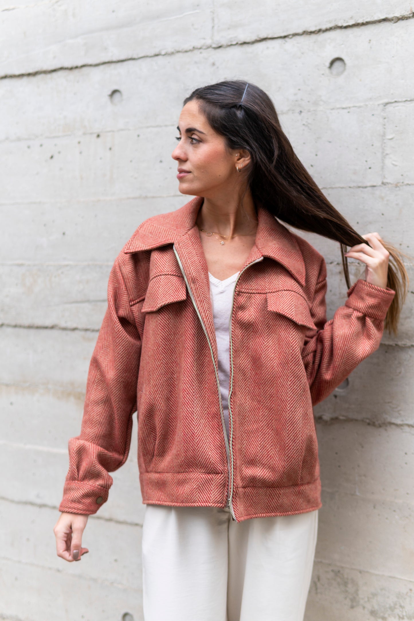 Casaca Lola Salmón | Casaca Bomber Lanilla & Seda