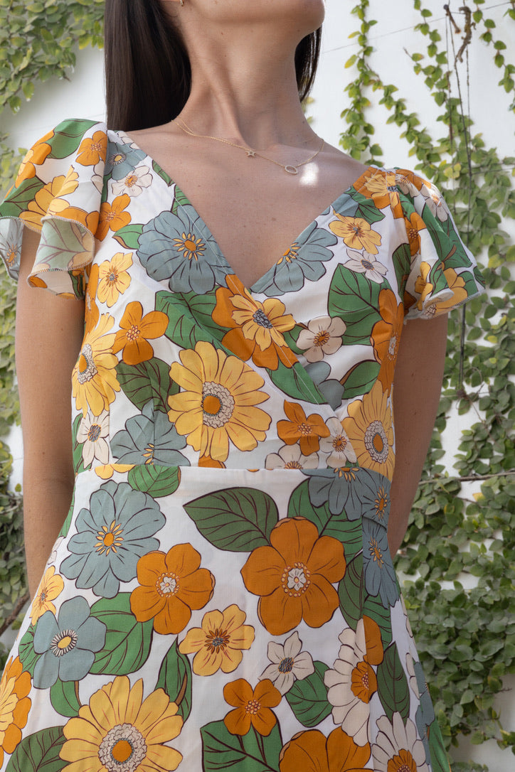 Vestido Elena Envolvente flores naranja