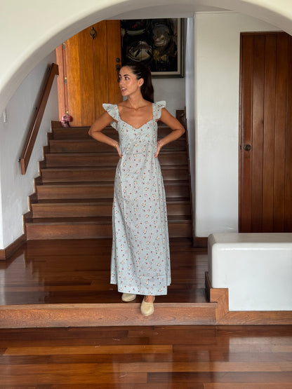 Vestido Mila celeste con flores guinda