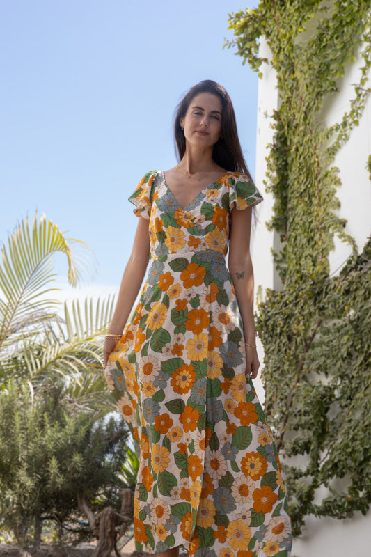 Vestido Elena Envolvente flores naranja