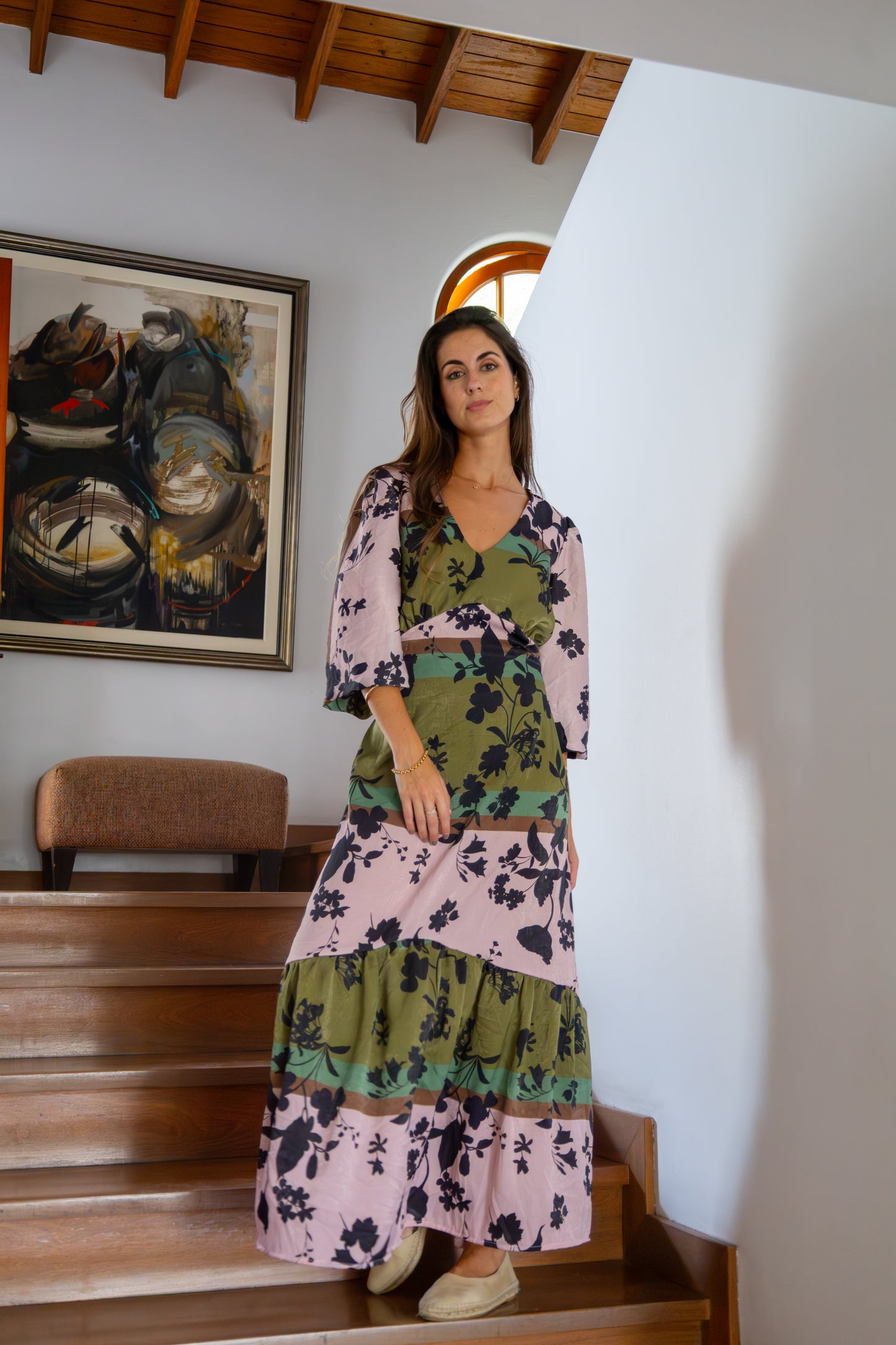 Vestido Sofia verde con rosado