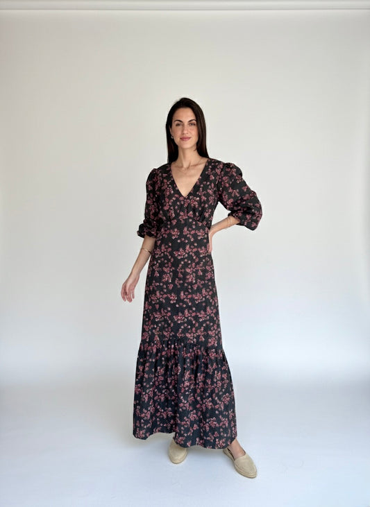 Vestido Sofía Gris Oscuro con flores rojas - Edición Limitada