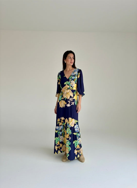 Vestido Sofía Azul con Amarillo - Edición Limitada