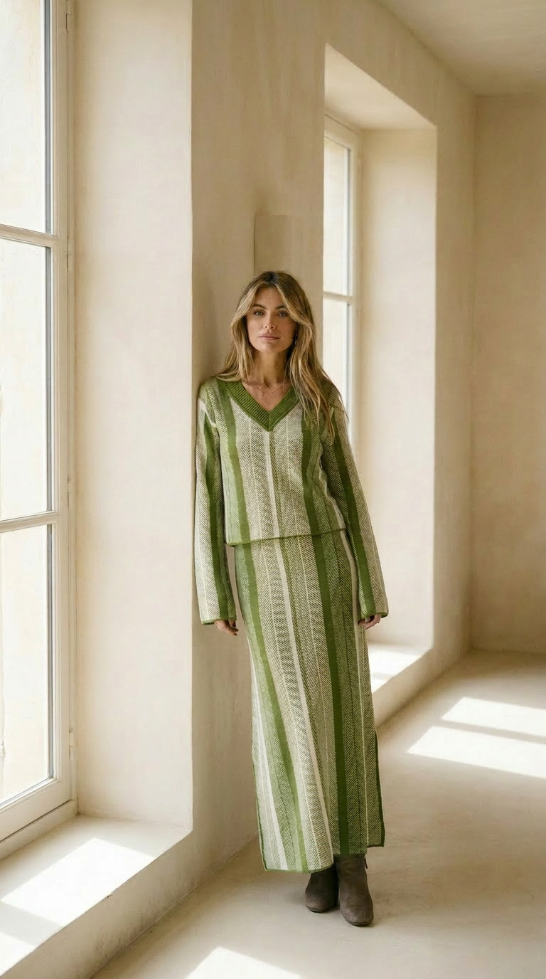 Set tejido Kiara Verde Olivo - Falda y Chompa Algodón
