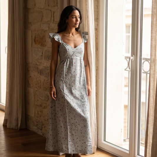 Vestido Mila celeste con flores guinda